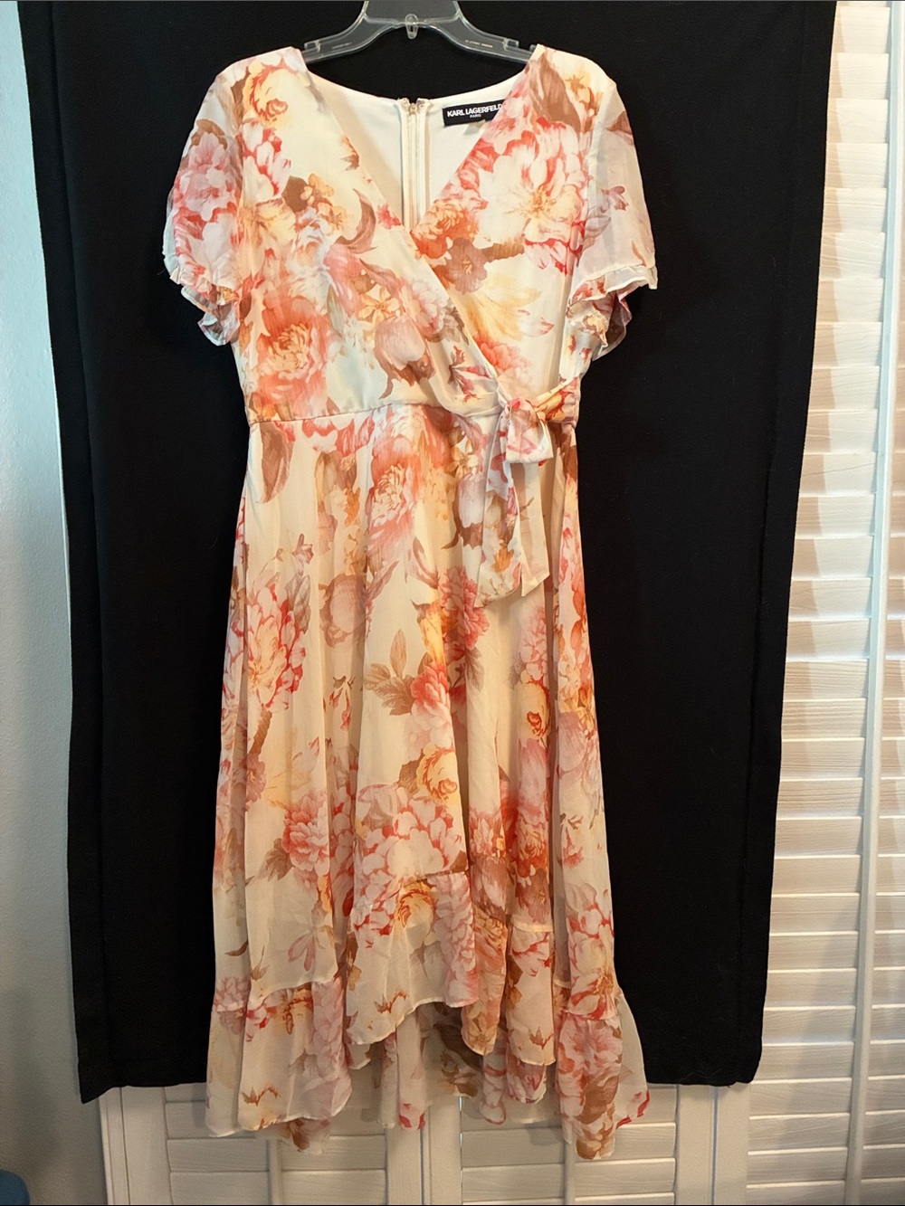 Karl Lagerfeld Cream and Peach Floral High-Low Wrap Dress